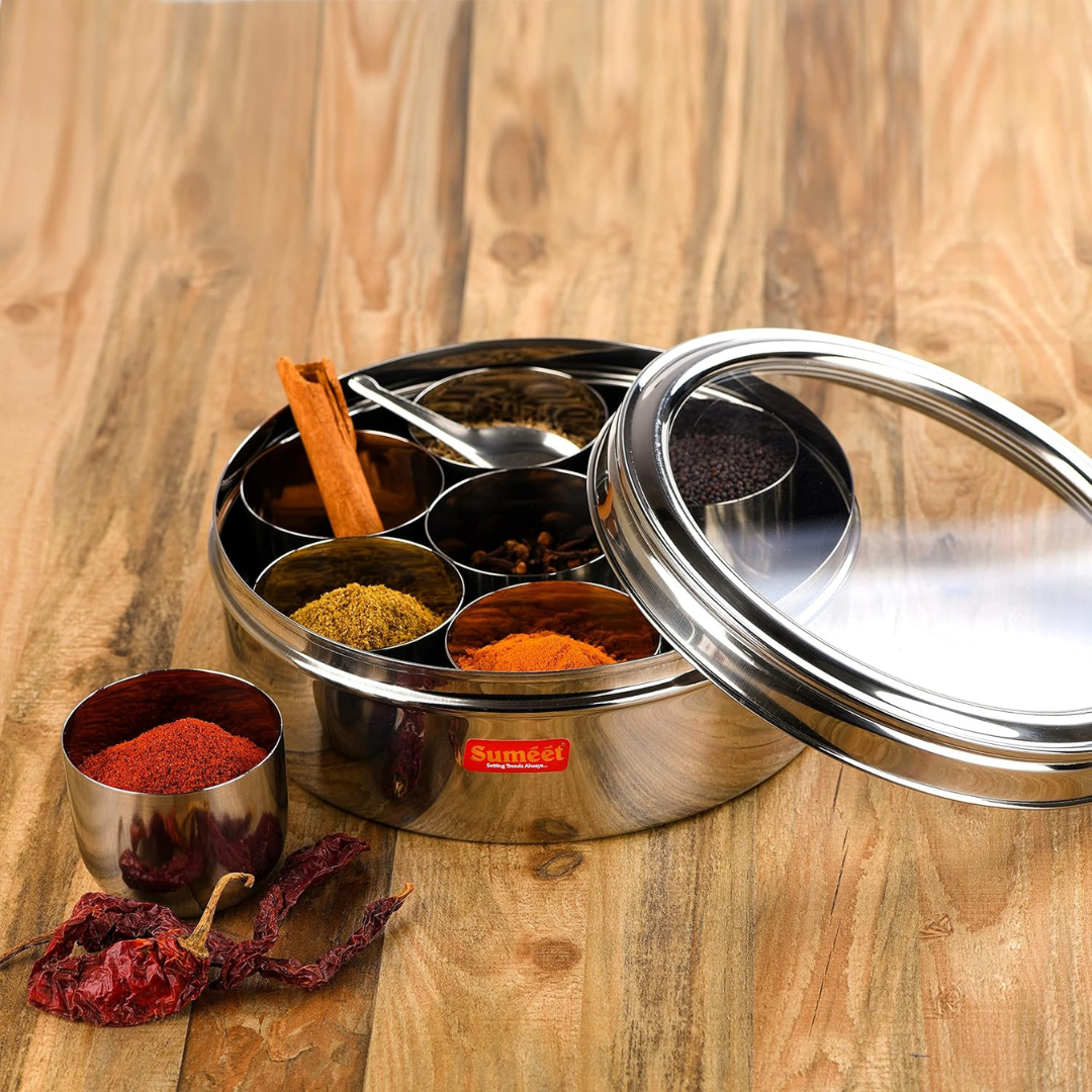 Steelox Premium Stainless Steel Spice Box with See-Through Lid