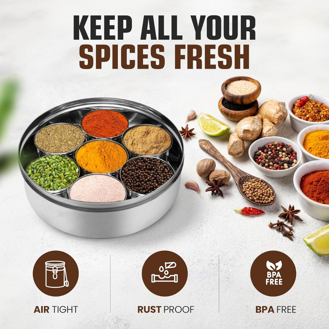 Steelox Premium Stainless Steel Spice Box with See-Through Lid