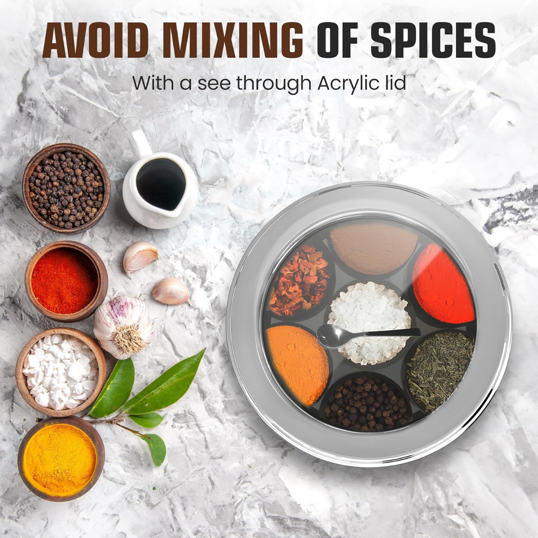 Steelox Premium Stainless Steel Spice Box with See-Through Lid