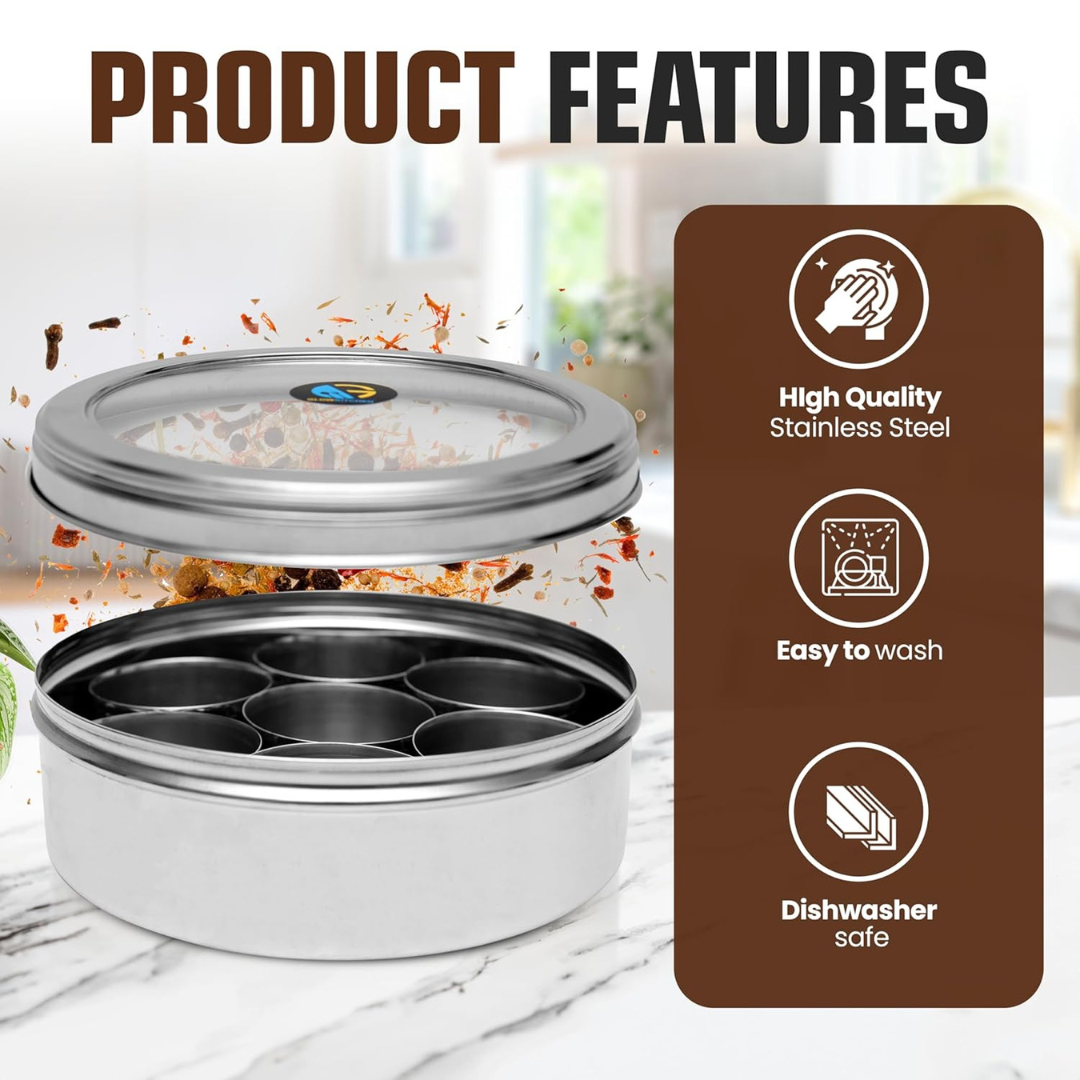 Steelox Premium Stainless Steel Spice Box with See-Through Lid