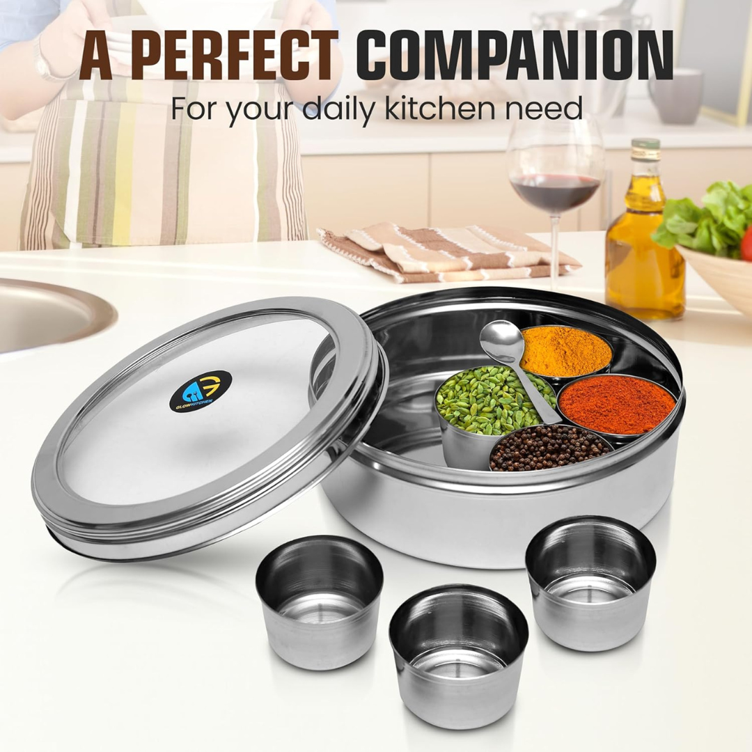 Steelox Premium Stainless Steel Spice Box with See-Through Lid