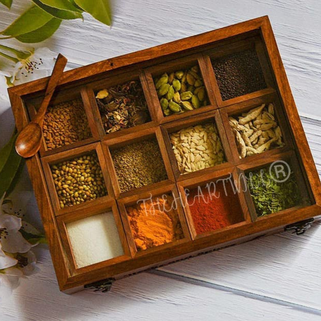 Handmade Premium Wooden Masala Box with Spoon for Kitchen