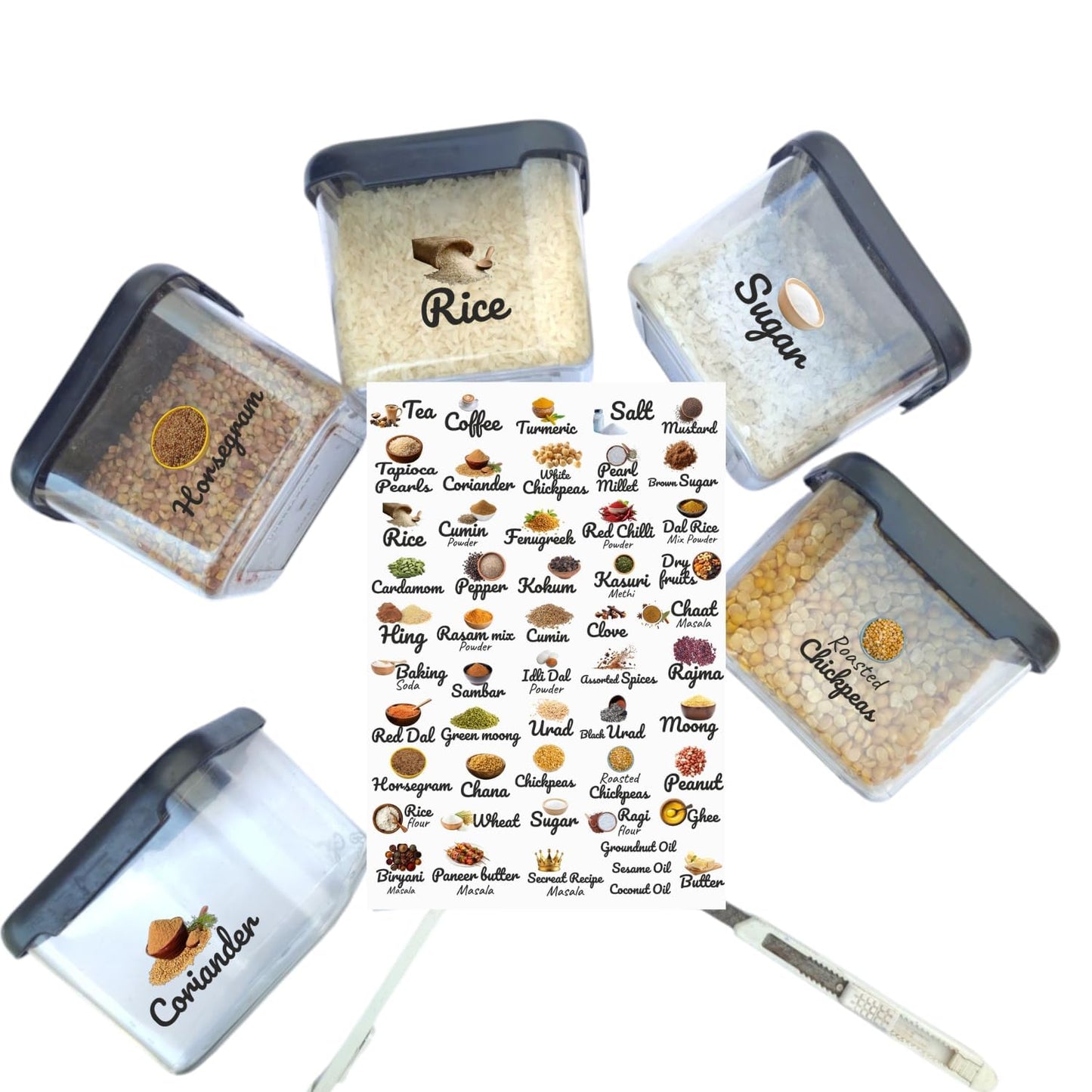 Essential Indian Cooking Ingredients Sticker Waterproof Pack of 4