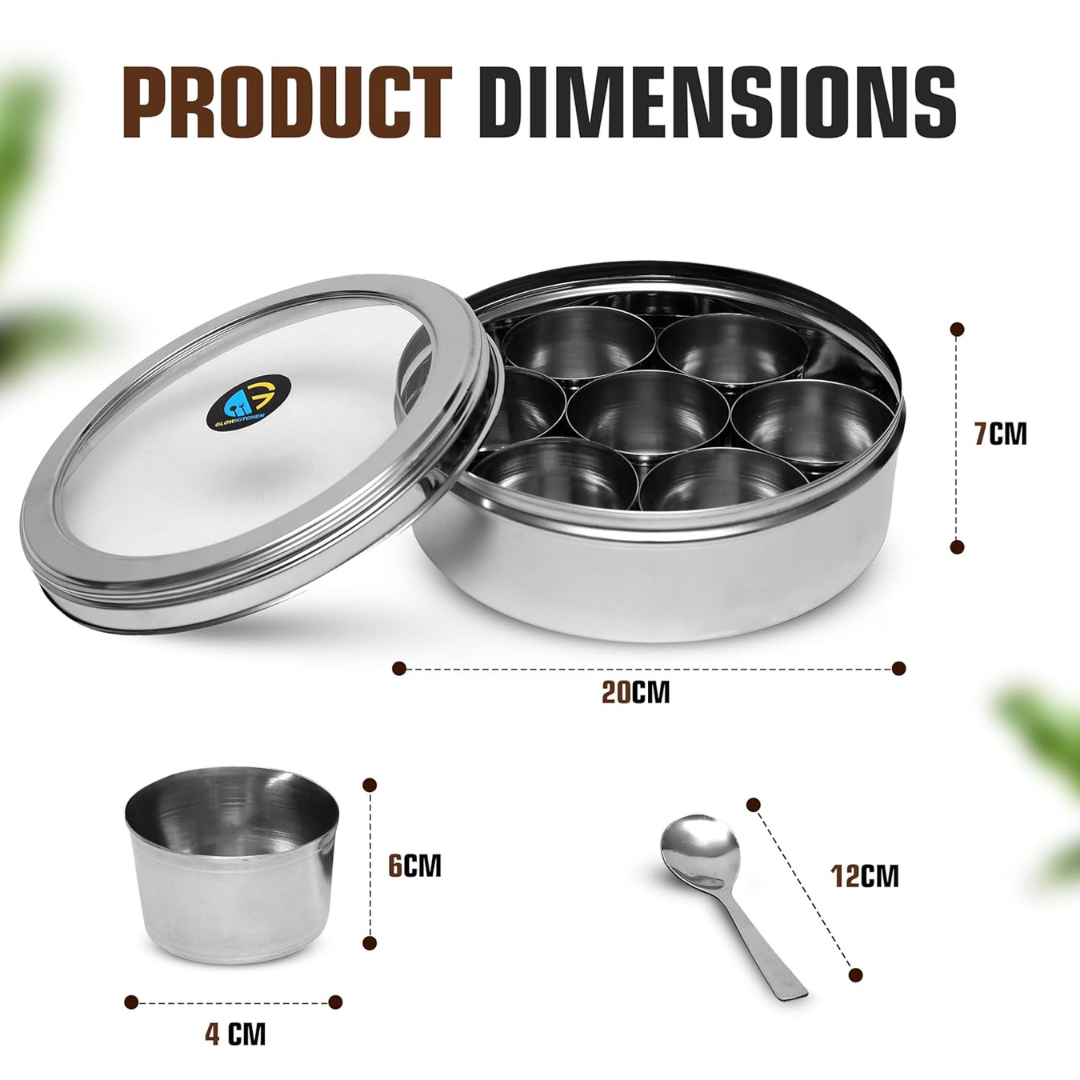 Steelox Premium Stainless Steel Spice Box with See-Through Lid