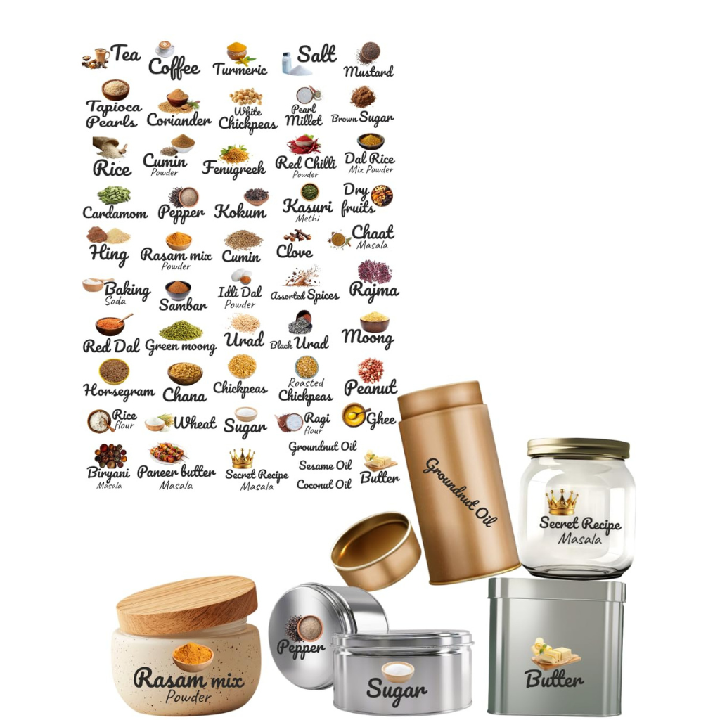Essential Indian Cooking Ingredients Sticker Waterproof Pack of 4