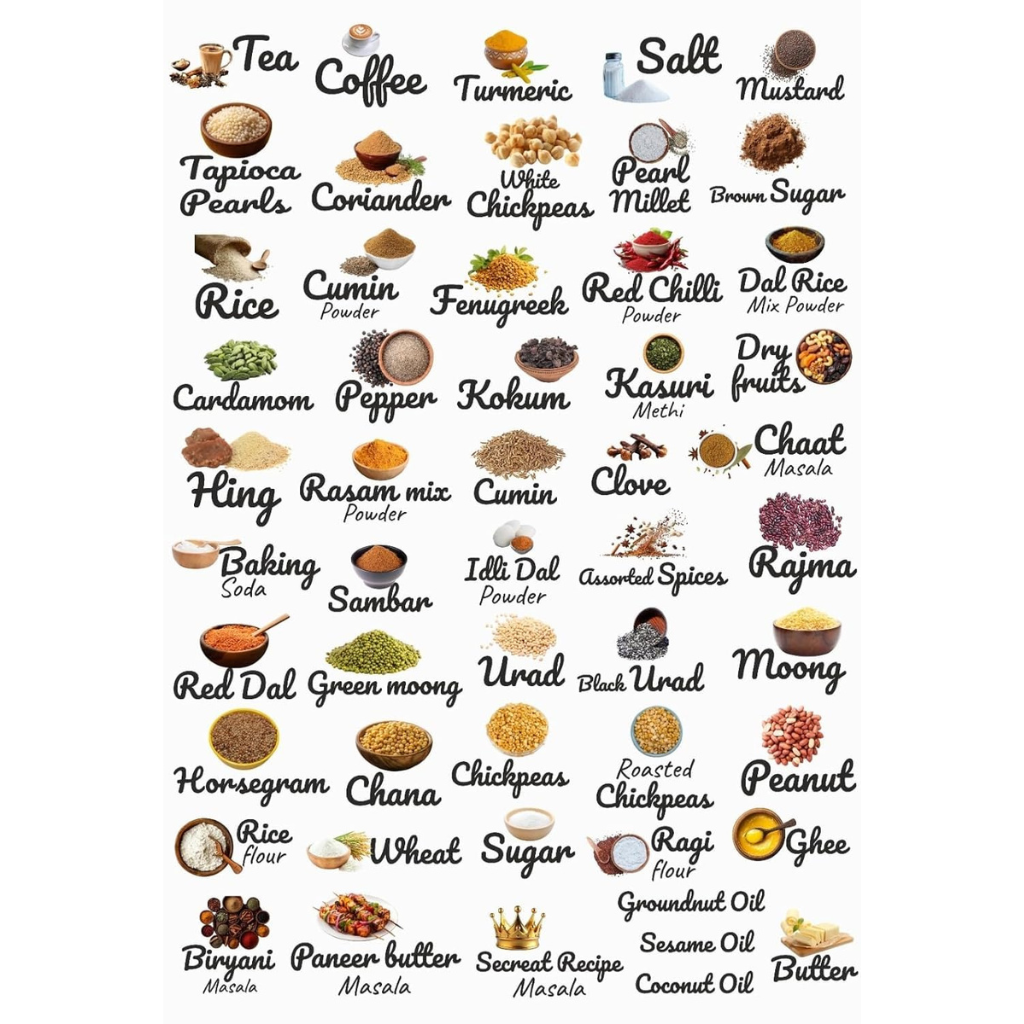 Essential Indian Cooking Ingredients Sticker Waterproof Pack of 4