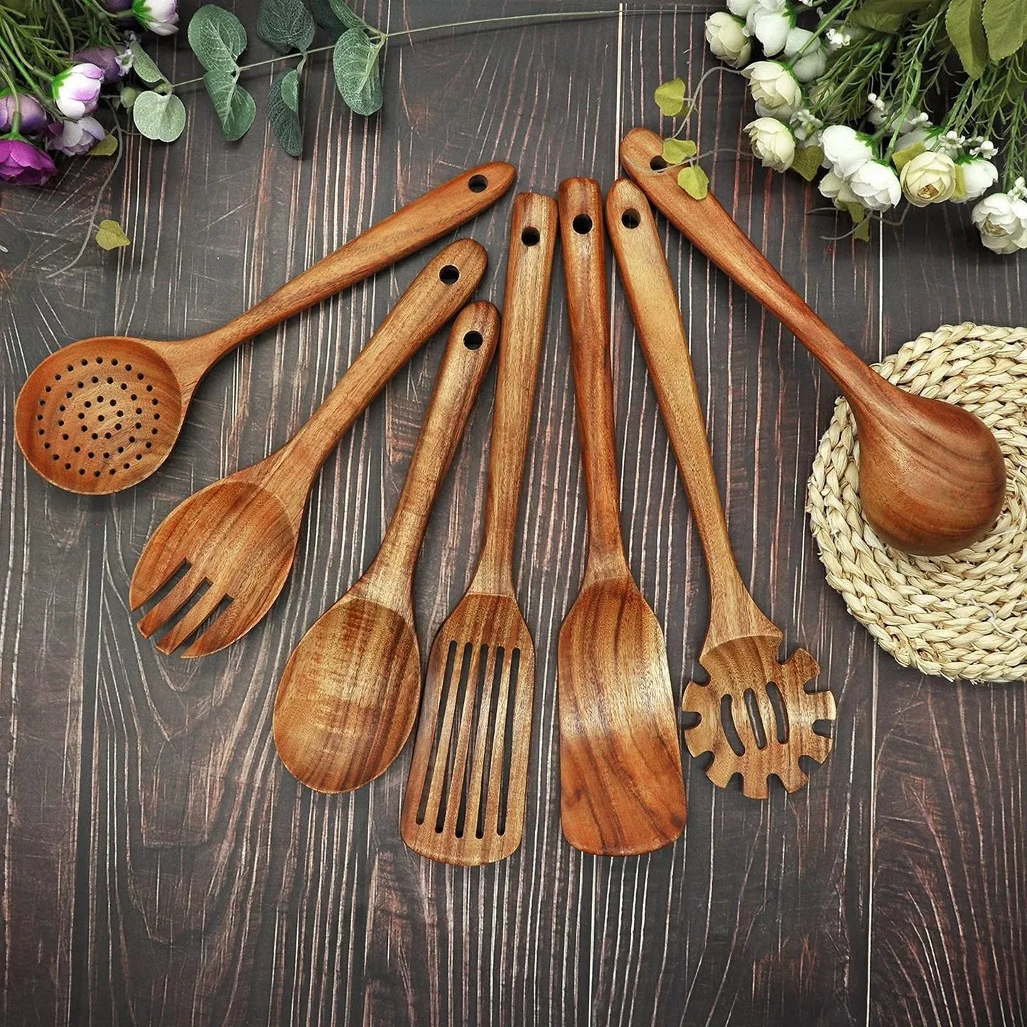 Natural Wooden Spoons Set and Spatula for Cooking Set Of 7