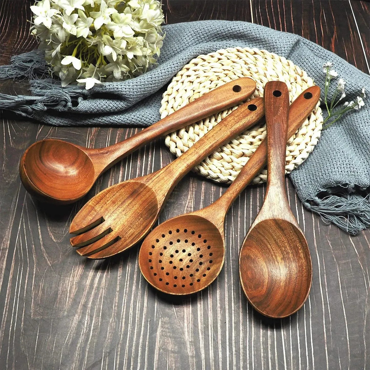 Natural Wooden Spoons Set and Spatula for Cooking Set Of 7