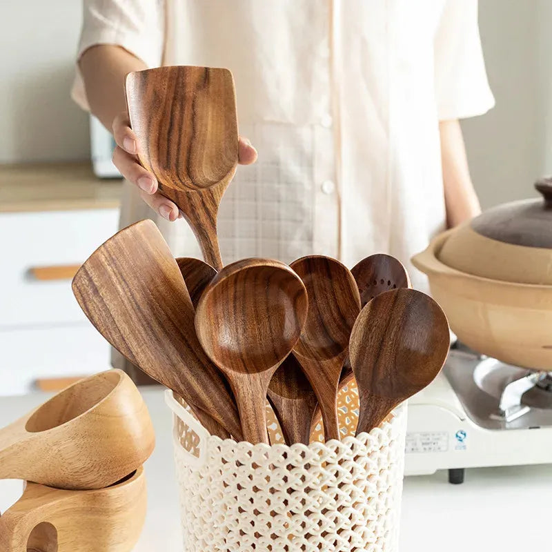 Natural Wooden Spoons Set and Spatula for Cooking Set Of 7