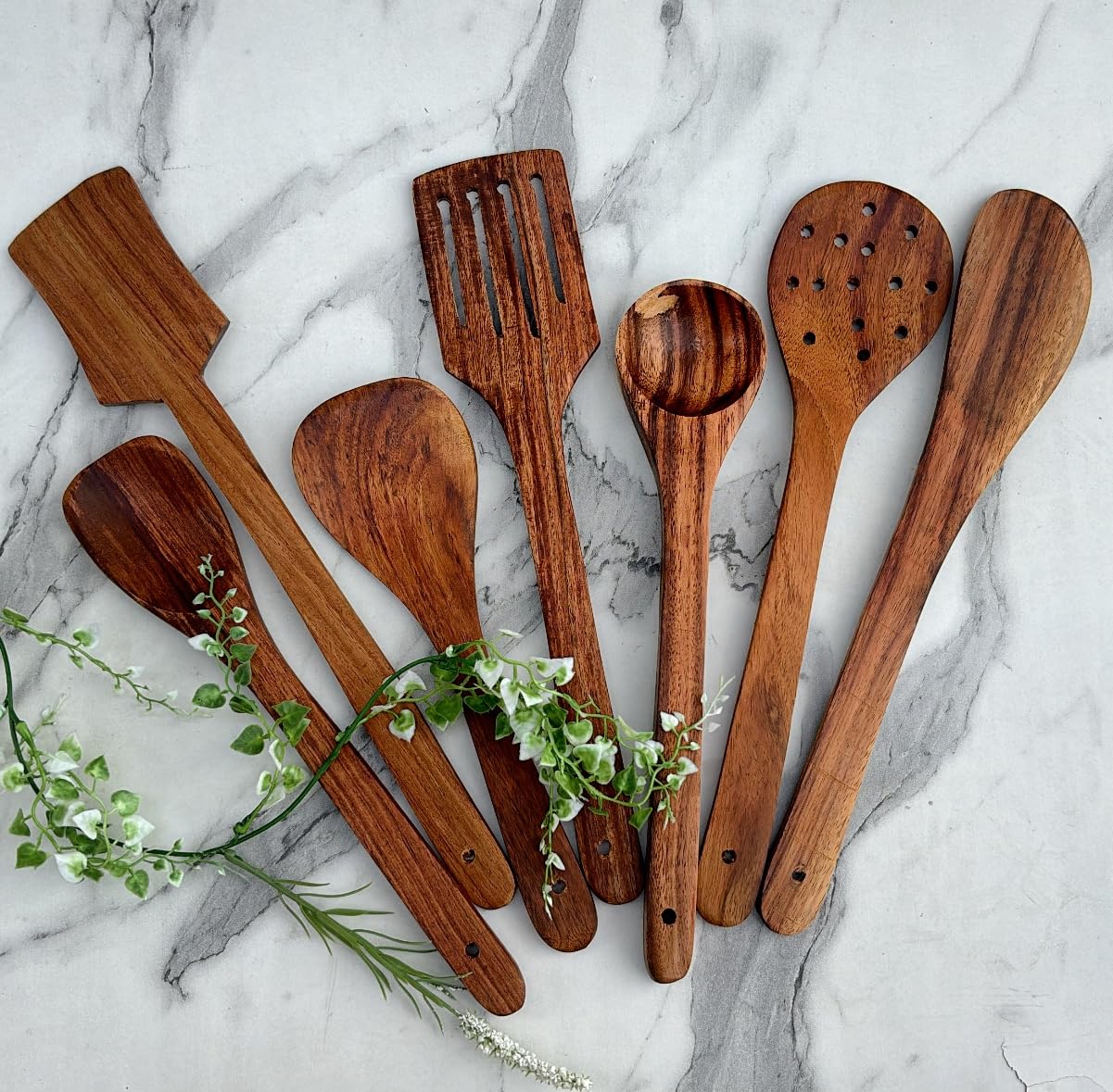 Natural Wooden Spoons Set and Spatula for Cooking Set Of 7