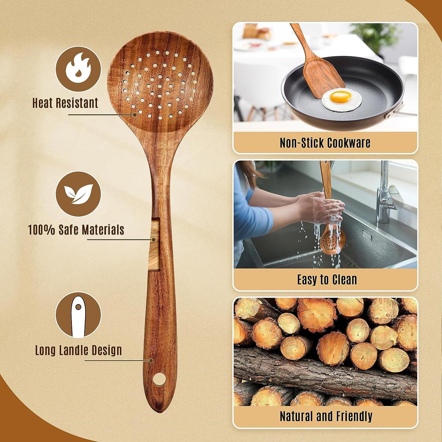 Natural Wooden Spoons Set and Spatula for Cooking Set Of 7