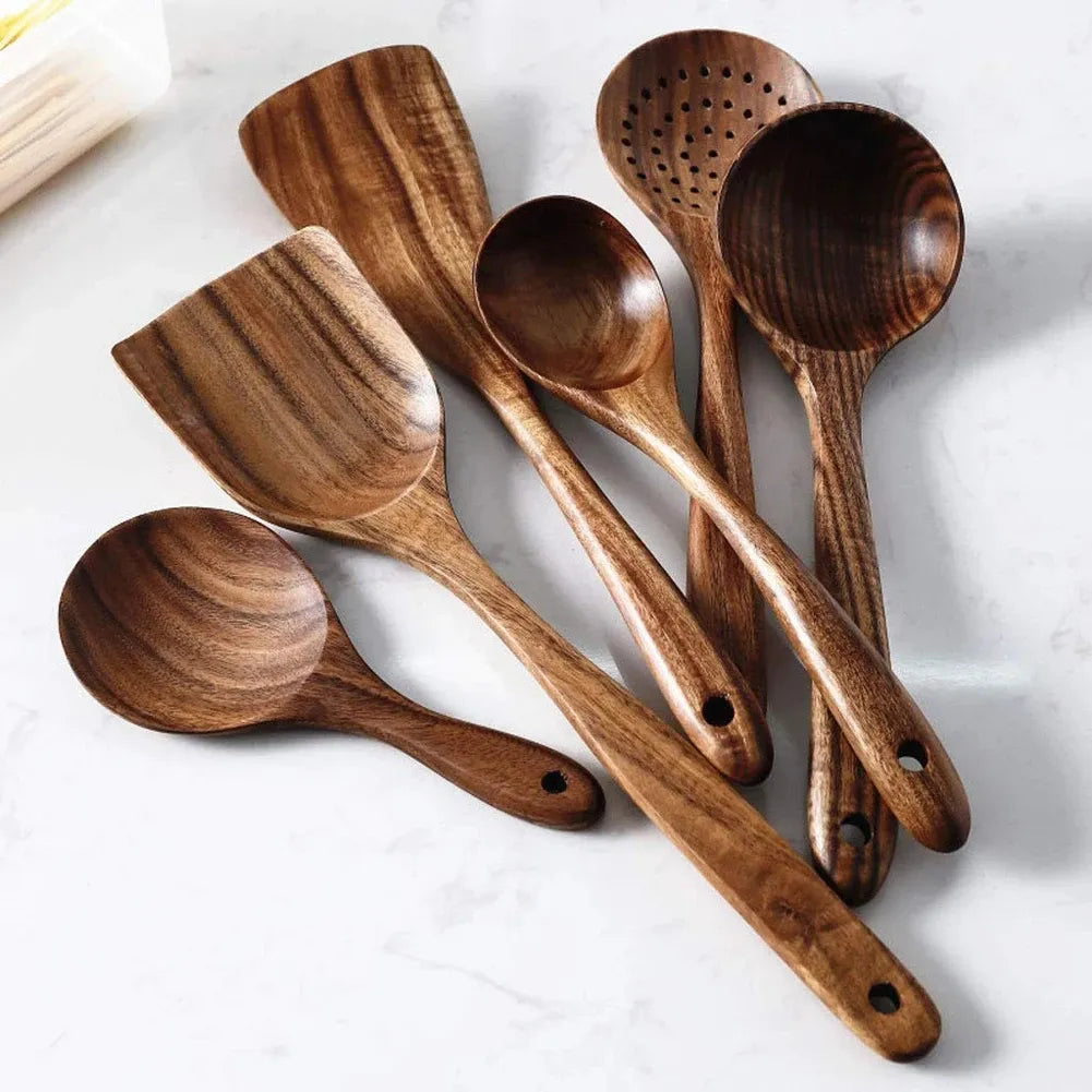 Natural Wooden Spoons Set and Spatula for Cooking Set Of 7