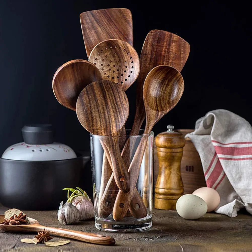 Natural Wooden Spoons Set and Spatula for Cooking Set Of 7